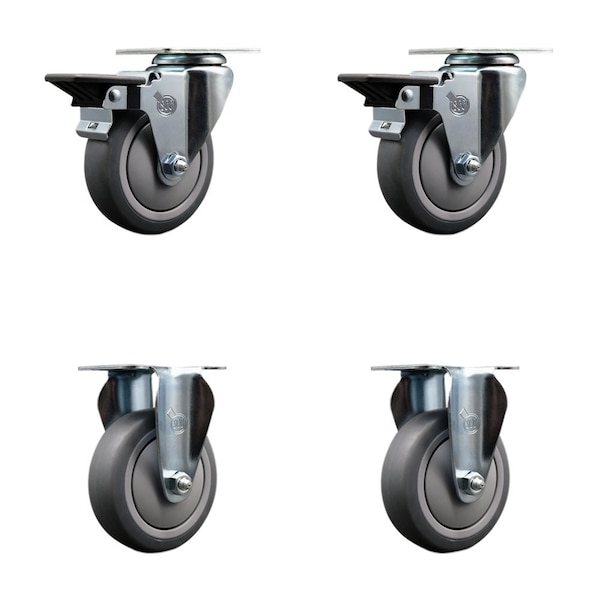 Service Caster 4'' Thermo Rubber Wheel Swivel Top Plate Caster Set with 2 Posi Brakes 2 Rigid, 4PK SCC-20S414-TPRB-PLB-2-R-2 - main